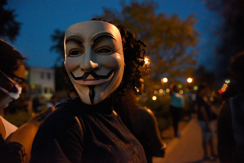A women wearing a Guy Fawkes mask looks on while protestors